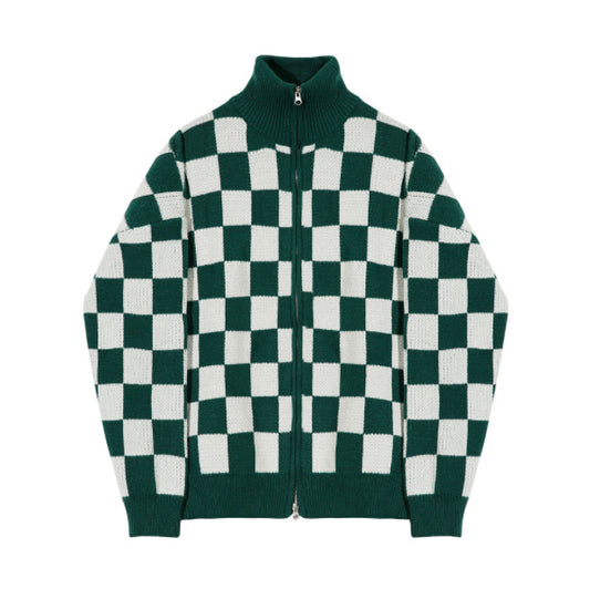 Men's Loose Checkerboard Sweater with Stand Collar