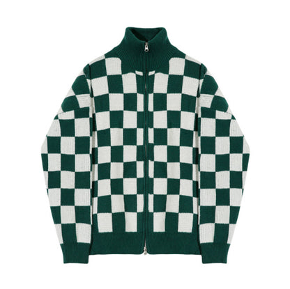 Men's Loose Checkerboard Sweater with Stand Collar