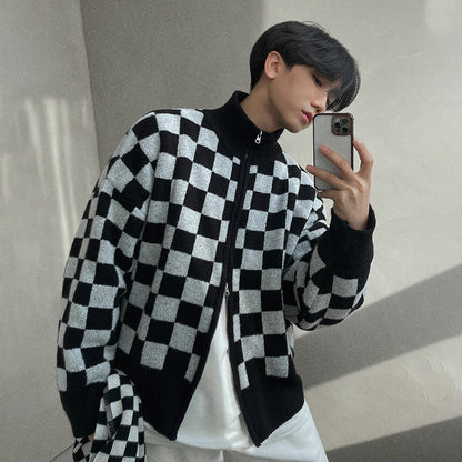Men's Loose Checkerboard Sweater with Stand Collar